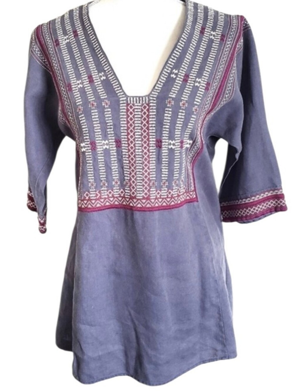 CAbi Boho Embroidered Linen Tunic Peasant Blouse Blue XS